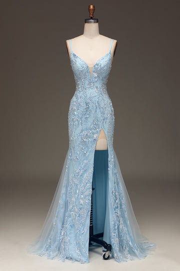 Sparkly Blue Mermaid Spaghetti Straps Tulle Sequin Beaded Long Prom Dress with Slit